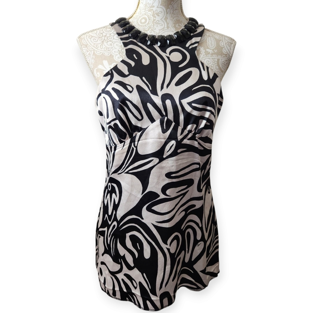 Trina Turk Los Angeles Black & Ivory Silk Sleeveless Jeweled Blouse Size 8